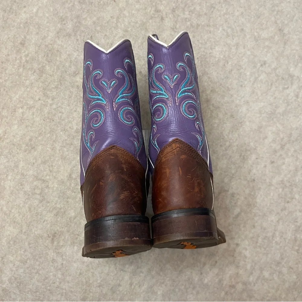 Old West Squared Toe Brown Purple Leather  Cowgirl Western Boots Girls Size 2